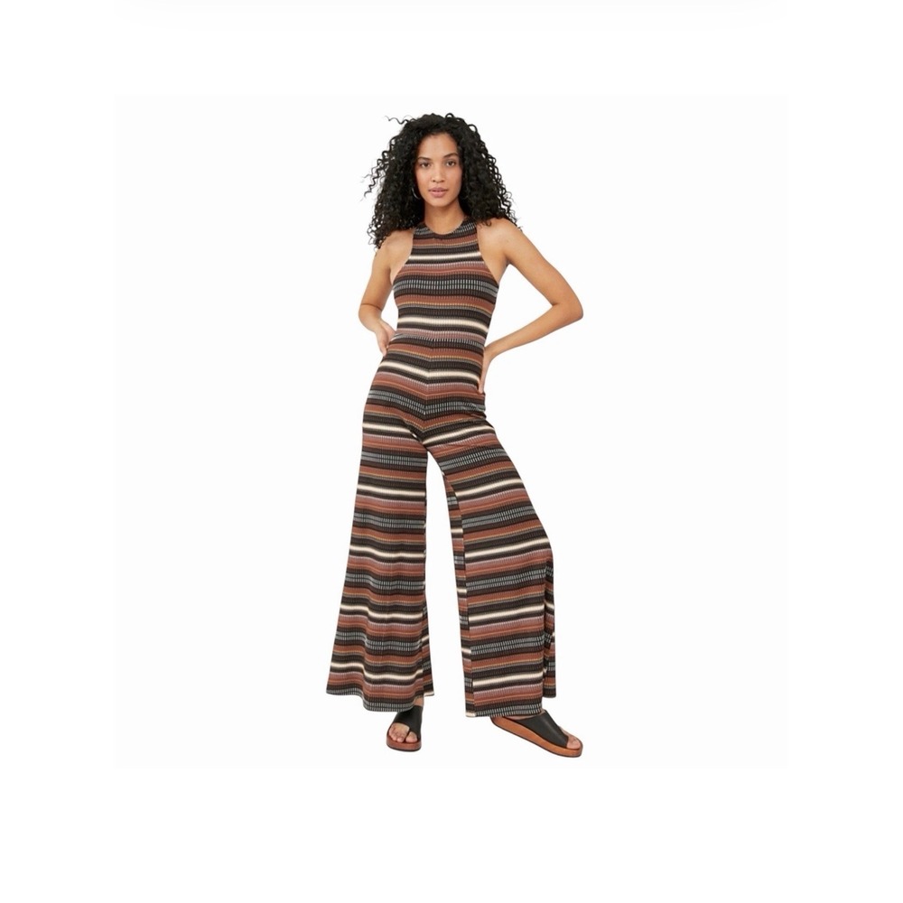 Free People Dixie Jumpsuit Dark Combo Striped Wide Leg Retro Festival Boho XS